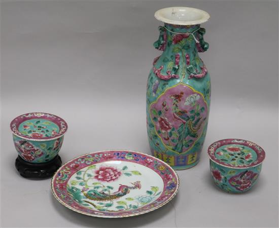 A pair of Chinese Straits turquoise ground jars and covers, a vase and a plate